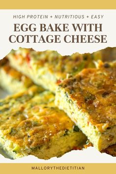 an egg bake with cottage cheese is cut into squares and stacked on top of each other