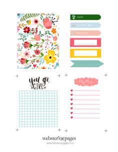 the planner stickers are shown with flowers and words on them, along with a notepad