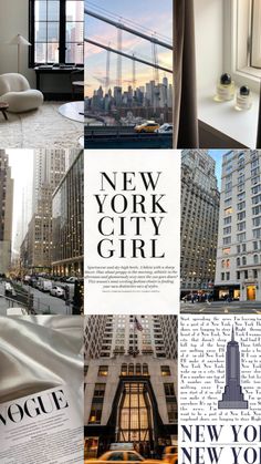 the new york city girl is featured in this collage with buildings and skyscrapers