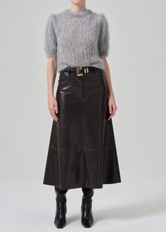 Cassia Leather Skirt in Chocolate Dark Brown Chocolate Leather Skirt Outfit, Christian Dior Skirt, How To Style Brown Leather Skirt, Dark Brown Leather Skirt Outfit, Flared Skirt Outfit, Plus Size Leather Skirt, Long Suede Skirt, Brown Leather Skirt Outfit, Long Leather Skirt