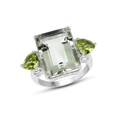 Prasiolite Ring, Natural Prasiolite and Peridot 3 Stone Ring, Prasiolite Emerald Cut, Sterling Silver Ring, February Birthstone RingFlaunt yourself with this prasiolite & peridot 3 stone ring. The natural gemstones have a combined weight of 11.90  carats and are set in .925 sterling silver with rhodium plating. The soft green hue of this ring adds a pop of color to any look!  The understated design and vibrant stones make this ring perfect for every occasion.Product Details: .925 Sterling Si Peridot Three Stone Jewelry As Gift, Three Stone Peridot Jewelry As Gift, Green Amethyst Jewelry With Gemstone Accents, Peridot Three Stone Ring, Three Stone Peridot Ring Jewelry, Three Stone Peridot Ring, Amethyst And Peridot, Prasiolite Ring, 3 Stone Ring