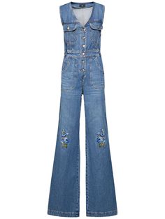 Front button closure. Embroidered details. Stonewashed coloring may vary. Two breast button flap patch pockets. Five pockets. Unlined. Model is wearing a size26 Spring Workwear Denim Jumpsuit With Patch Pockets, Spring Denim Jumpsuit With Patch Pockets For Work, Summer Jumpsuits And Rompers With Patch Pockets, Fitted Jeans With Patch Pockets For Summer, Fitted Jumpsuits And Rompers With Patch Pockets For Spring, Spring Overalls With Patch Pockets, Overall Jumpsuits And Rompers With Patch Pockets For Spring, Long Sleeve Denim Jumpsuit, Embroidered Jumpsuit