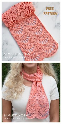 two pictures showing the same crochet pattern for a scarf, one with an openwork design