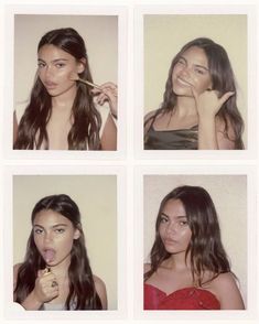 four different pictures of a woman brushing her teeth