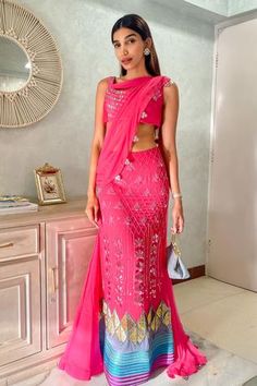 Shop for Shweta Aggarwal Pink Georgette Embroidered Pre-draped Saree With Blouse for Women Online at Aza Fashions Draped Saree, Block Print Saree, Ruffle Saree, Sarees For Women, Saree Gown, Hand Painted Sarees, Drape Saree, Designer Sarees Online, Lehenga Saree