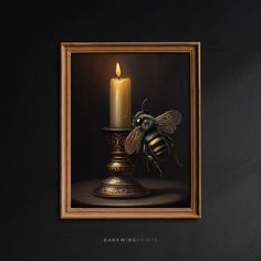 a painting of a bee sitting on top of a table next to a lit candle