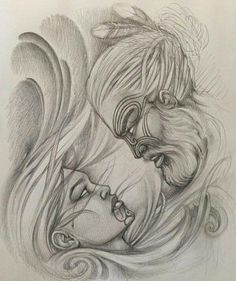 a pencil drawing of two people with their faces close together