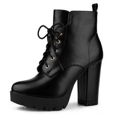 If you haven't got yourself a pair of platform ankle boots, what are you waiting for? Featuring a round toe, lace ups, side zip, cleated platform sole and a block heel. Style them up with a co-ord skirt set and beret.Platform Boots.Lace Up Boots.Chunky Heel.Round Toe.Vamp: PU; Outsole: TPR; Heel: ABS.Heel Height: 4 1/8 inches.ShaftHeight: 4 inches.Platform Height: 1 1/8 inches. Size: 9.5. Color: black. Gender: female. Age Group: adult. Pattern: Solid. Lace Up Platform Boots, Platform Boots Black, Gothic Shoes, Platform Heels Boots, Black Platform Boots, Closed Toe Shoes, Wedge Ankle Boots, Platform Ankle Boots, Dream Shoes