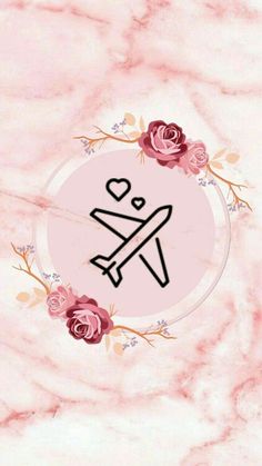 a pink marble background with roses and an airplane in the center that says love on it