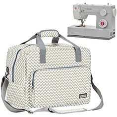 the sewing machine and bag are next to each other, one is white with grey chevron