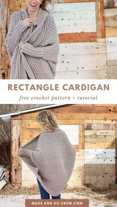 a woman wearing a knitted shawl with the text, rectangle cardigan free crochet pattern