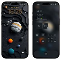 two iphones with the same screen size as well as different planets and numbers on them