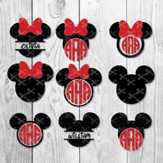 mickey mouse ears with monogrammed letters and red bows on the ears are personalized for