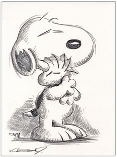 a black and white drawing of a cartoon character with his head on the back of a stuffed animal