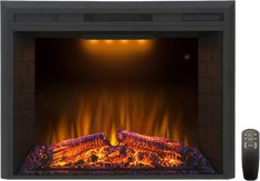 an electric fireplace with flames and remote controls