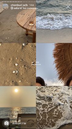 the beach is covered in sand and water, with several different pictures showing it's features