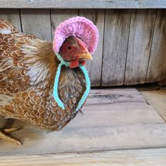 a brown chicken with a pink hat on it's head standing in front of a wooden wall