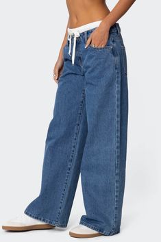 Drawstring Boxer Detail Jeans – edikted Sporty Dark Wash Cotton Jeans, Sporty High-rise Cotton Jeans, Sporty Dark Wash Denim Bottoms, Sporty Wide Leg Cotton Jeans, Denim Details, Low Iron, Denim Fabric, S Models, Bleach