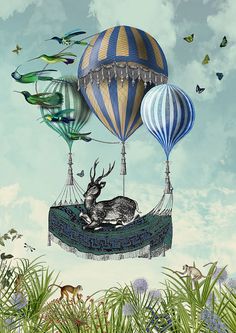 an animal is laying in a hammock with three balloons flying above it and other animals