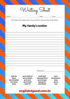 the writing sheet for my family's routine is shown in orange and blue stripes