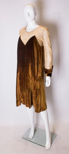 Vintage 1920s Silk Velvet and Lace Dress Vintage Brown Costume Dress, Brown Vintage Evening Dress, Vintage Brown Evening Dress