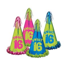 three party hats with fringes and numbers on the top, one for sweet sixteen