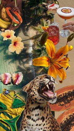 a collage of photos with flowers, fruit and animals in it's mouth