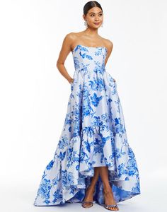 High Low Gown, Pleated Gown, Floral Gown, Cocktail Gowns, High Low Skirt, Porcelain Blue, Blue And White Dress, Strapless Gown, Satin Gown