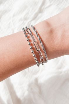 Color: Silver Layered Bracelet Beaded Chain Rope Chain Paperclip Chain Lobster Clasp 6" Length 2" Extender Launched: 5/24/24 Silver Bracelet Stack, Chain Bracelet Silver, Layered Bracelet, Layered Chain, Layered Chains, Silver Chain Bracelet, Bracelet Beaded, Layered Bracelets, Bracelet Silver