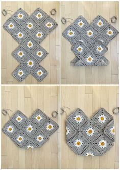 crocheted potholders are arranged on the floor to make them look like they're