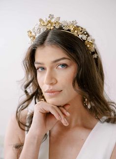 Bridal tiara, flower crown - Flourishing garden raised tiara - Style #2326 | Twigs & Honey ®, LLC Floral Headband Wedding, Tiara Flower, Brass Flowers, Embellished Veil, Elf Jewelry, Flower Headband Wedding, Bridal Flower Headband, Floral Headpiece Wedding, Pearl Bridal Headband