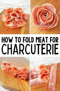 how to fold meat for charcuterie on a cutting board with text overlay