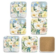 four coasters with flowers on them, one has a cork board and the other has a corkboard