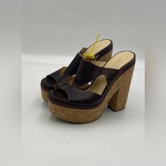 It Is In Good Condition As Seen In The Photo. Returns Are Not Accepted. Leather High Heel Sandals With Cork-bed Midsoles, Chic Heels With Cork-bed Midsoles And Round Toe, Brown Heels With Leather Sole, Brown Synthetic Heels With Leather Sole, Jimmy Choo Flats, Ankle Wrap Heels, Jimmy Choo Gold, Jimmy Choo Sandals, Sparkle Heels