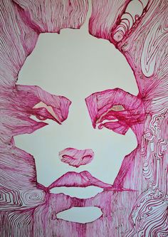 a drawing of a woman's face with pink hair and lips on a white background