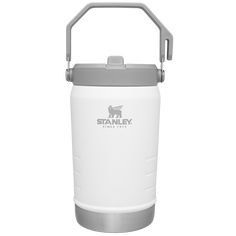 the stanley stainless steel insulated water bottle is white and has a gray lid with a metal handle