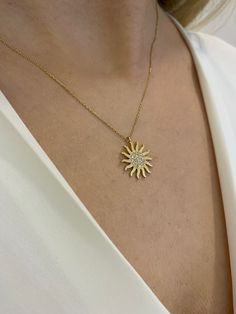 "ABOUT PRODUCT This 14k Gold Sun Necklace is beautifully designed and hand crafted with our associates to make this a special gift for your loved ones. Knowing the value of our customers, We prepare each piece with extra care and attention.  ITEM DETAILS Material: 14K Gold Approx:  2.50 gram Available colors: Gold, Rose Gold, White Gold Available Sizes: 14\" to 20\" ✪ 14k Solid Gold ( Certification will be included with your order ) ✪Available 14K White, Yellow, Rose Gold (also in 10, 18K) 🛠 Ya Celestial Cubic Zirconia Jewelry In Diamond White, Celestial White Gold Jewelry With Brilliant Cut, Celestial Sterling Silver Necklace With Single Cut Diamonds, Yellow Gold Celestial Jewelry With Single Cut Diamonds, Celestial 14k Gold Jewelry With Brilliant Cut, Celestial Style White Gold Jewelry With Single Cut Diamonds, Celestial Silver Diamond Necklace Gift, Celestial Style Silver Diamond Necklace Gift, Celestial Yellow Gold Diamond Jewelry