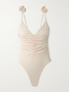 Magda Butrym's swimsuit is appliquéd with the label's signature roses on the slim straps, making it instantly recognizable for those in the know. Made from smoothing stretch fabric, it has a plunging V-neckline and ruching through the front to flatter your curves. Beige Swimsuit, Mars The Label, Pretty Swimsuits, Ruched Swimsuit, Virtual Wardrobe, Expensive Taste, Luxury Swimwear, Magda Butrym, Sports Trousers