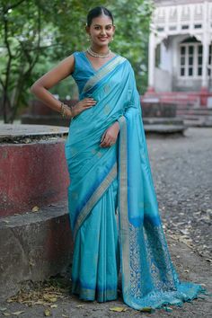 Cyan Art Silk Fabric Weaving Work Saree Sky Blue Saree, South Silk Sarees, Design Saree, Fabric Weaving, Raw Silk Saree, Saree Poses, Simple Sarees, Silk Saree Blouse, Blue Saree