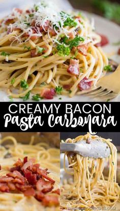 creamy bacon pasta with parmesan cheese is an easy and delicious dinner that's ready in less than 30 minutes