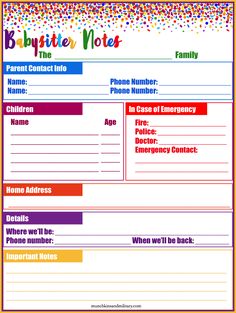 a colorful poster with the words babysitter note on it's front page