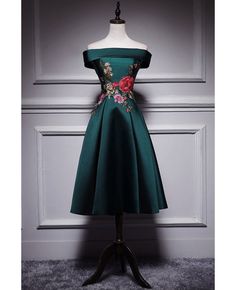 Get 10% off now! Buy dark green off shoulder tea length party dress with flowers at cheap price online. Free stable shipping and pro custom service since 2009. Green Prom Dresses Short, Dark Green Prom Dresses, Green Prom Dresses, Tea Length Prom Dress, Short Bridesmaid Dress, Cute Dresses For Party, Girls Long Dresses, Green Prom, Shiny Dresses