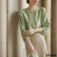 Olivia Mark - Silk Charm Blouse Sleeve Stencil, Green Blouse, White Blouse, Cheongsam, Silk Top, Luxury Fabrics, Olivia Mark, Silk Blouse, Types Of Collars