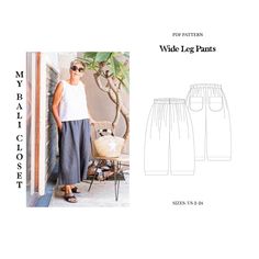 the sewing pattern for wide leg pants is available in sizes ranging from small to large