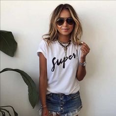 White Tee Shirts Boasts "Super" On The Front In Bold Black Print!!! Trendy White Print Shirt For Spring, Trendy White Crew Neck Shirt, Trendy Everyday Shirt With Letter Print, Trendy White Relaxed Fit Shirt, White Relaxed Fit Trendy Shirt, Trendy White Shirt With Relaxed Fit, White Eyelashes, Vintage Vogue, Sleeves (women)