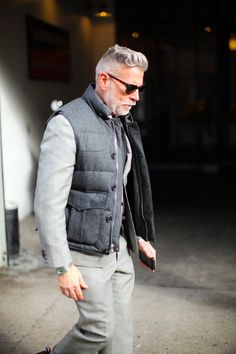 Nick Wooster Clothes For Men Over 50, Grey Hair And Glasses, Hair And Glasses, Nick Wooster, Men Over 50, Gray Vest, Older Man