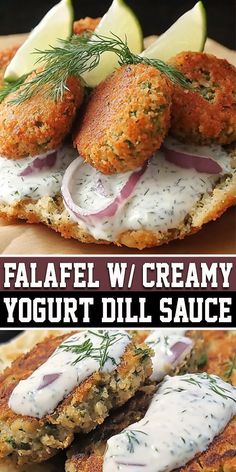 two pictures with different types of food on them and the words falafel w / creamy yogurt dill sauce