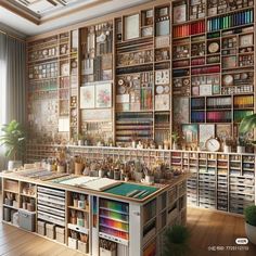 a room filled with lots of different types of books and papers on shelves next to a window