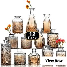 twelve glass vases with different designs and sizes are shown in the image, including flowers