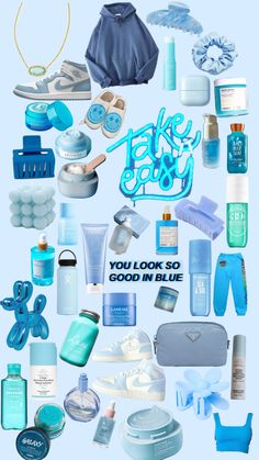 a collage of blue items with the words, you look so good in blue